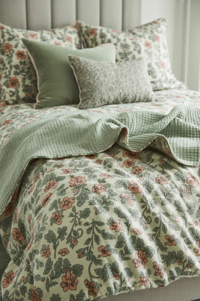 Three coordinated patterns layered on a whimsical bed