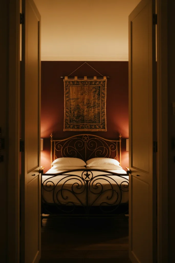 Bed positioned as focal wall with tapestry and layered lighting