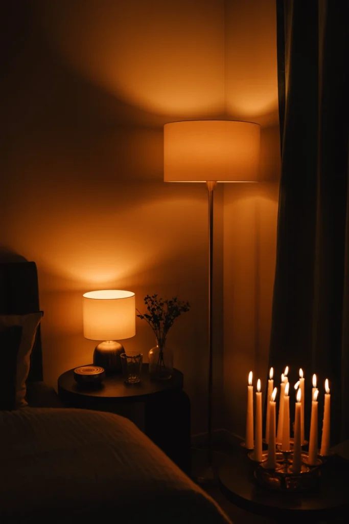 Layered lamp and candle lighting in a witchy corner