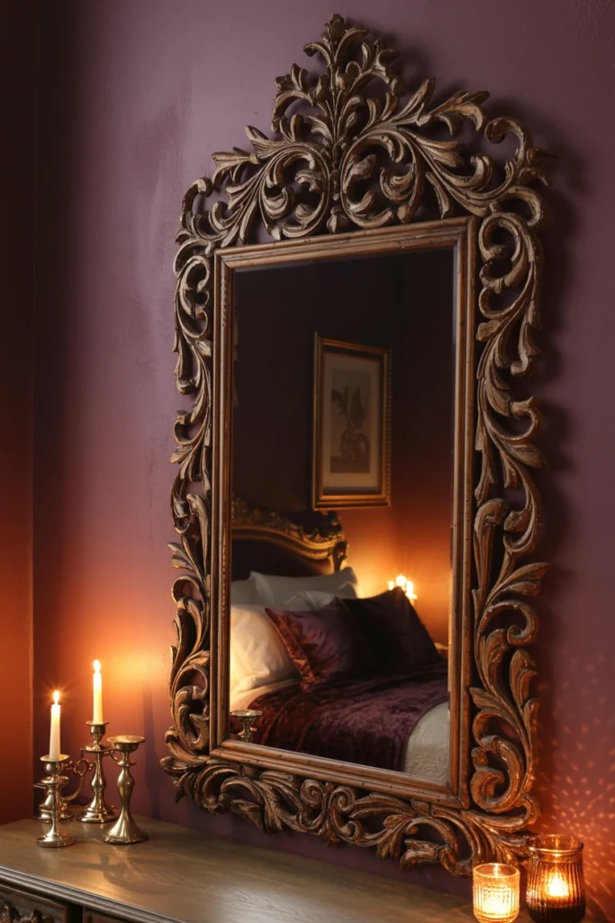 Antique carved mirror as bedroom focal point