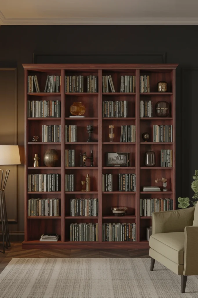 Mahogany bookshelf anchoring a dark academia living room