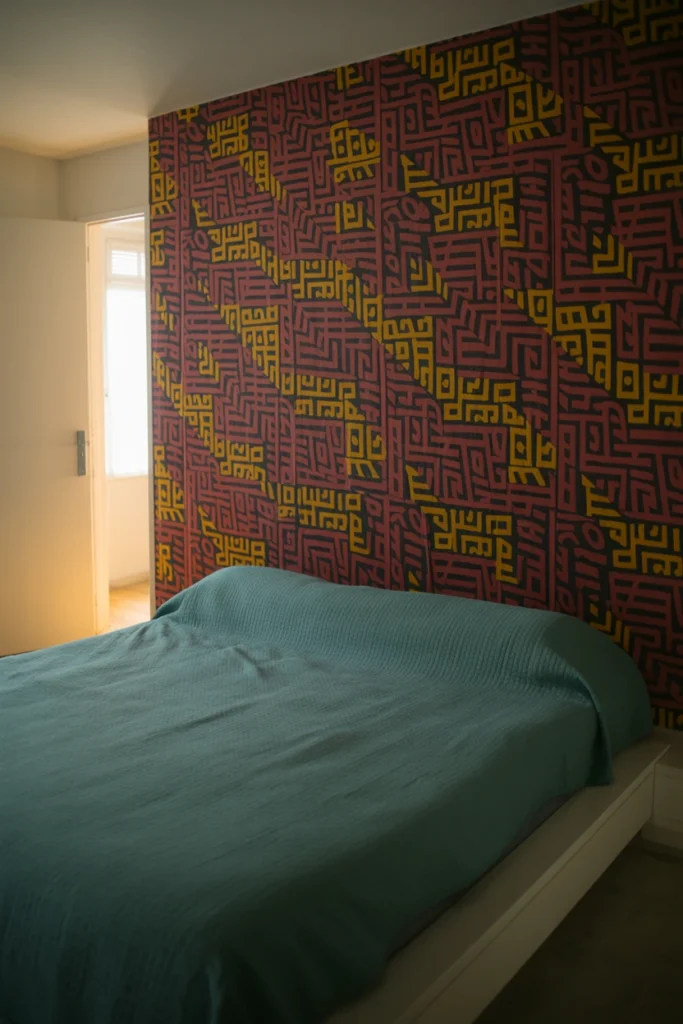 Bedroom with geometric Memphis-pattern statement wall behind a platform bed