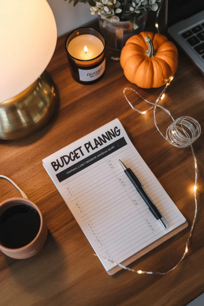Budget planning notepad next to Halloween decor items
