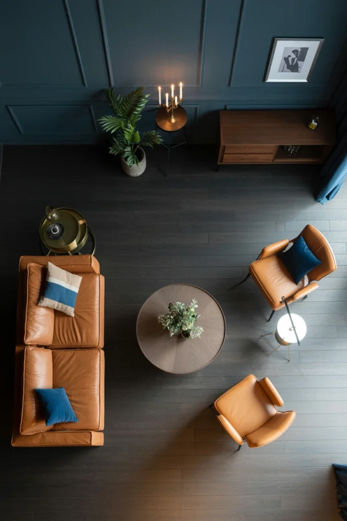 Living room floor plan with furniture pulled away from walls