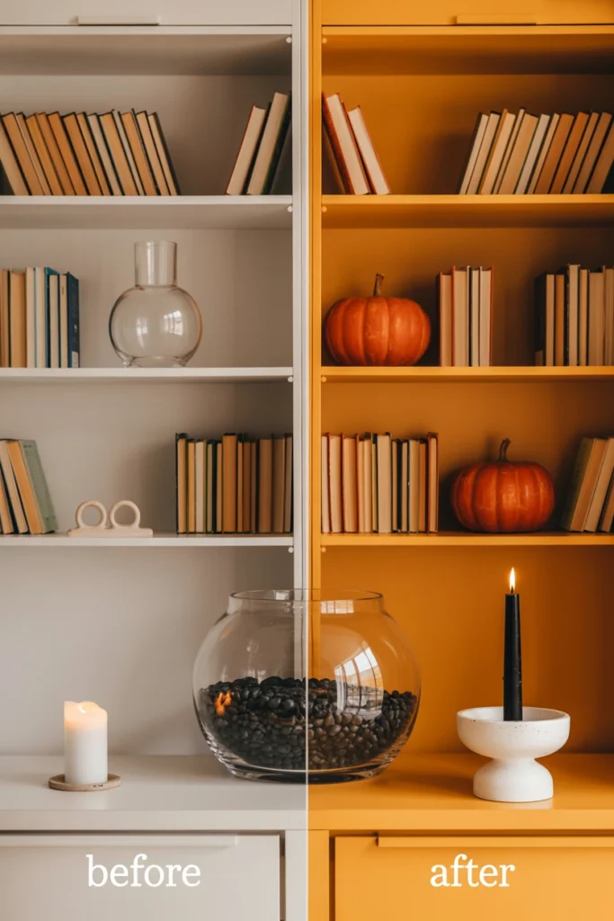 An apartment shelf before and after halloween styling — same shelf, same objects repositioned with black candles and faux pumpkins added