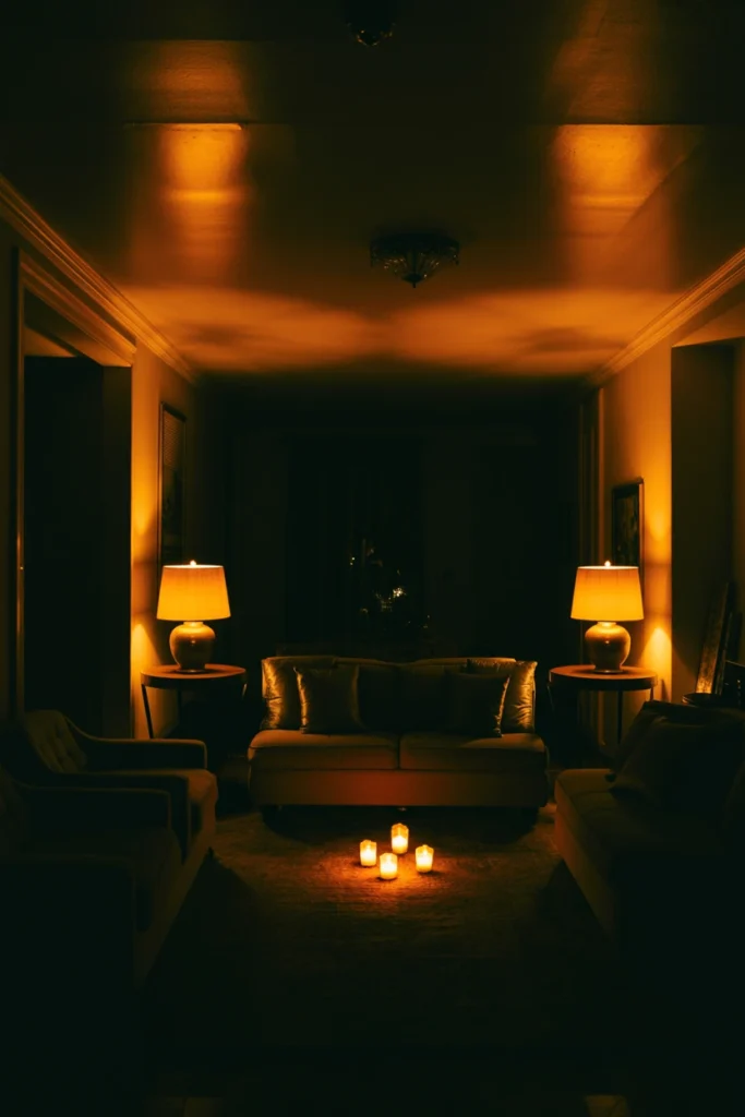 Dim living room lit only by warm lamps and candle sconces, overhead light off