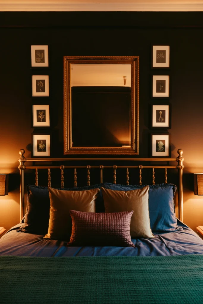 bed positioned against dark focal wall with gallery art