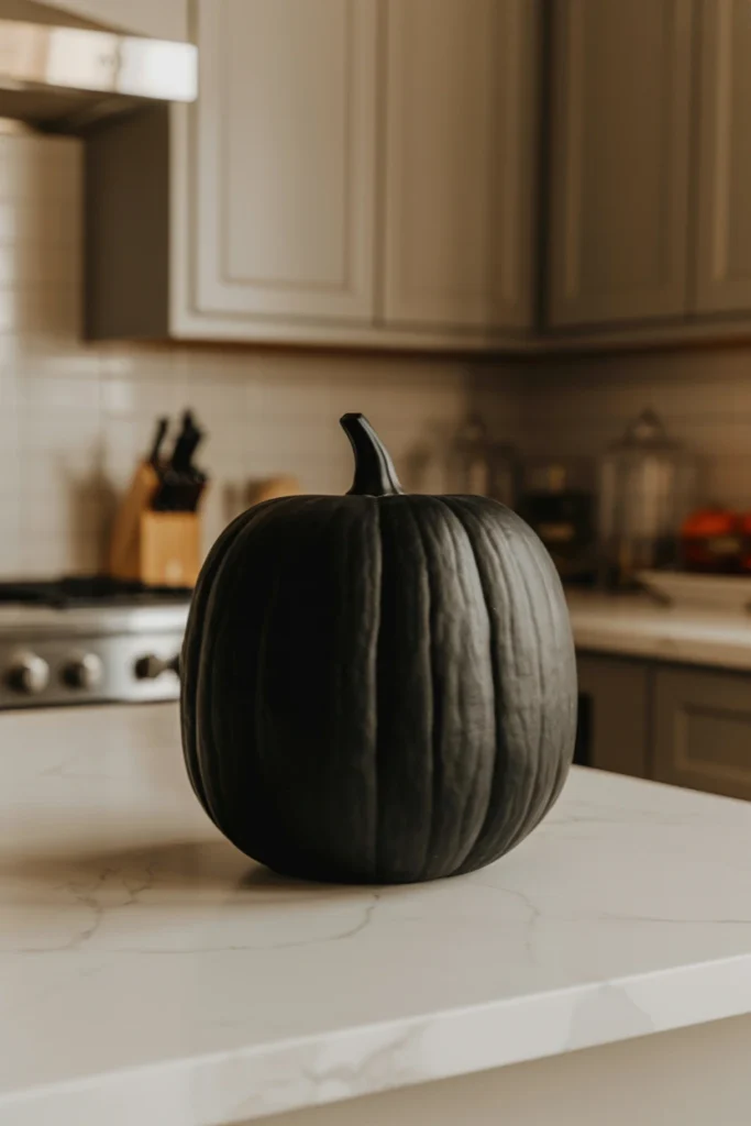Large black ceramic pumpkin as kitchen counter centerpiece