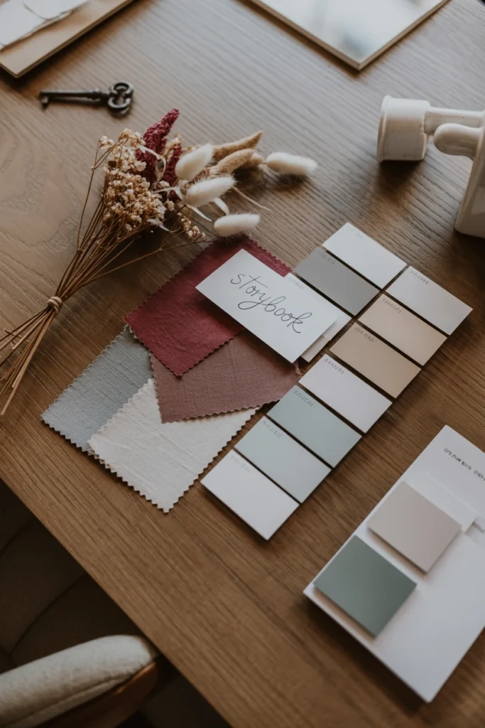 Mood board with a single whimsical theme word and matching swatches
