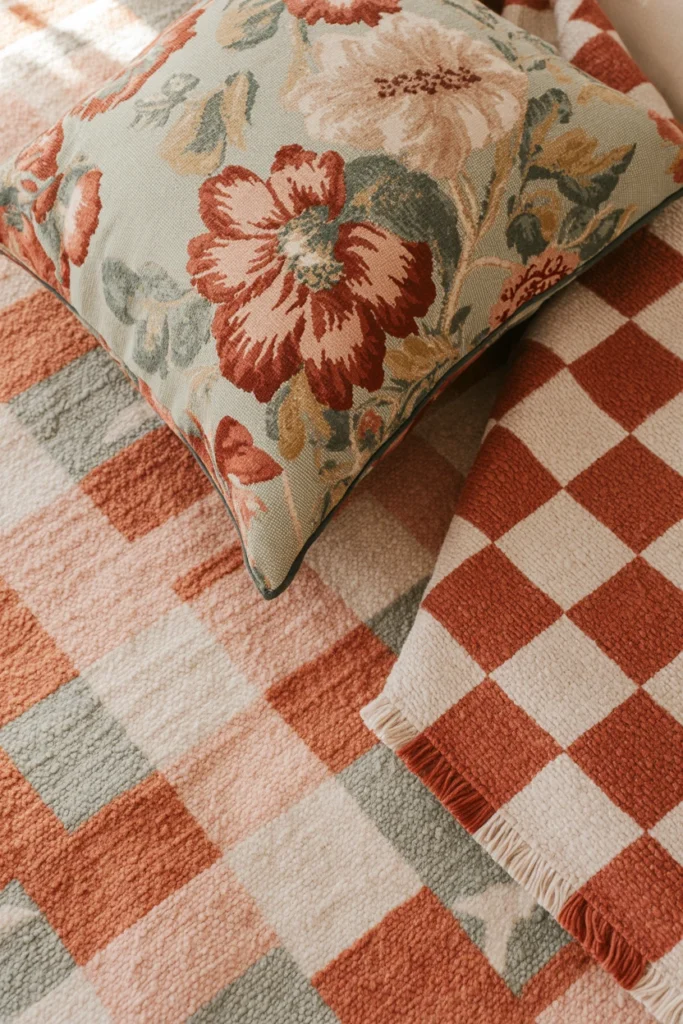Floral throw pillow layered with geometric rug in matching color palette