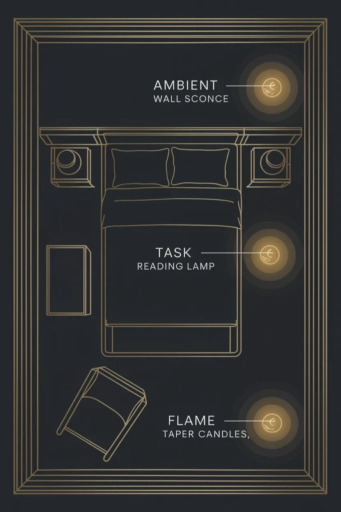 Three-zone layered lighting diagram for whimsigoth room