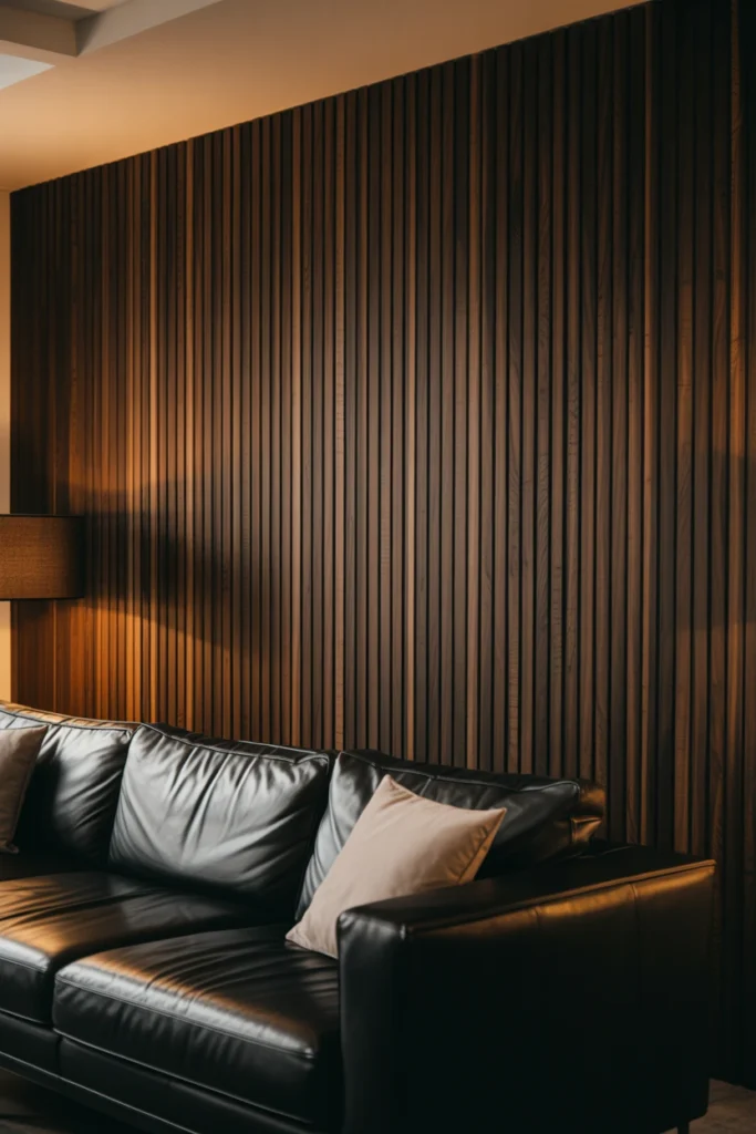 Wood paneled accent wall behind a dark leather sofa