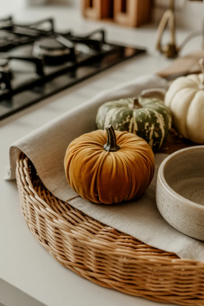  Layered textures of wood, velvet, and woven materials on a kitchen counter