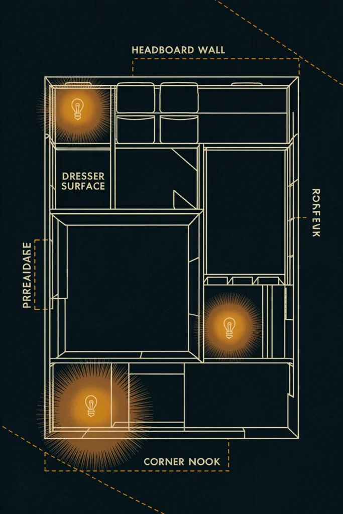 Diagram showing three lighting zones in a bedroom