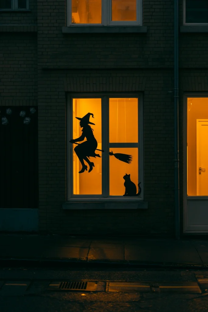 Black witch and cat silhouettes adhered to an apartment window at night, clearly visible from outside