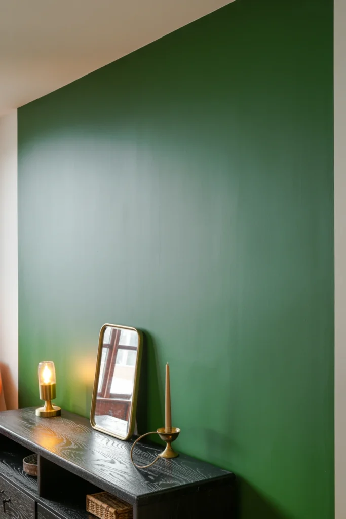 Emerald green matte accent wall behind a dark wood console table