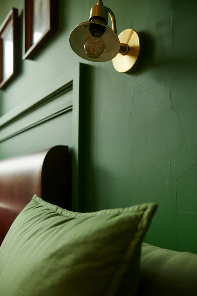 forest green bedroom wall with brass wall sconces