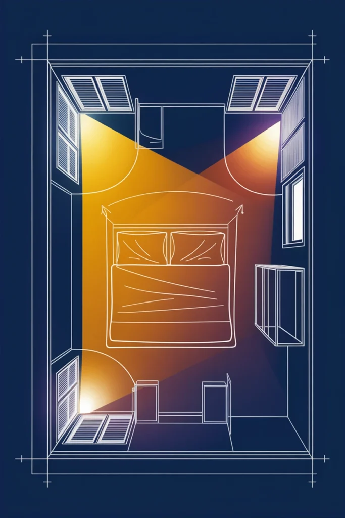 Sunlight mapping diagram showing window exposure in a bedroom