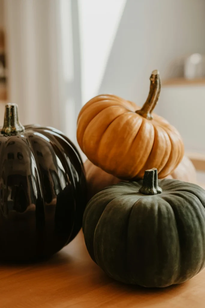 Grouping of three varied-height pumpkins on kitchen counter