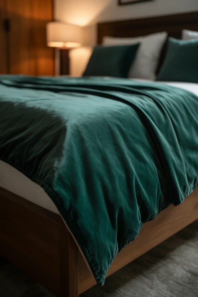 Emerald green velvet bedspread as base layer on whimsigoth bed