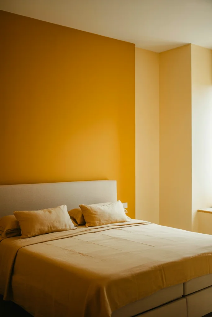 Bedroom with one saturated mustard yellow accent wall