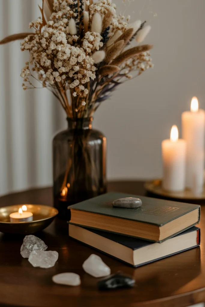 Altar styled with three distinct height tiers using books and risers