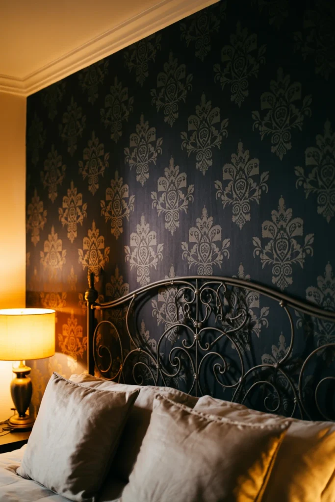 Add a damask wallpaper accent behind the headboard