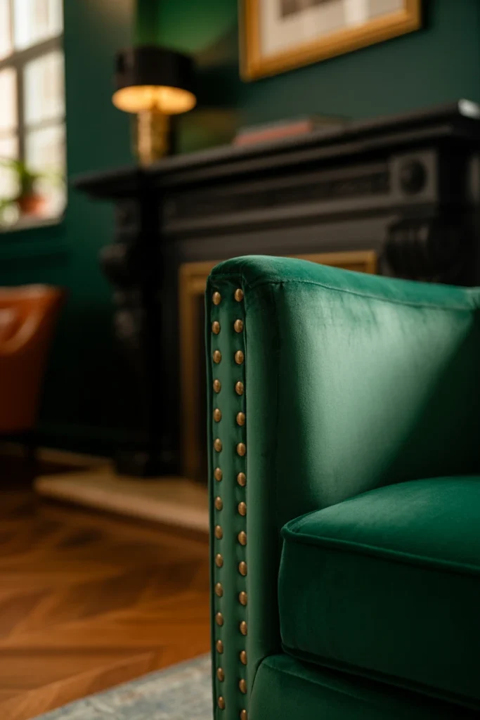 Deep emerald velvet armchair with brass-studded trim