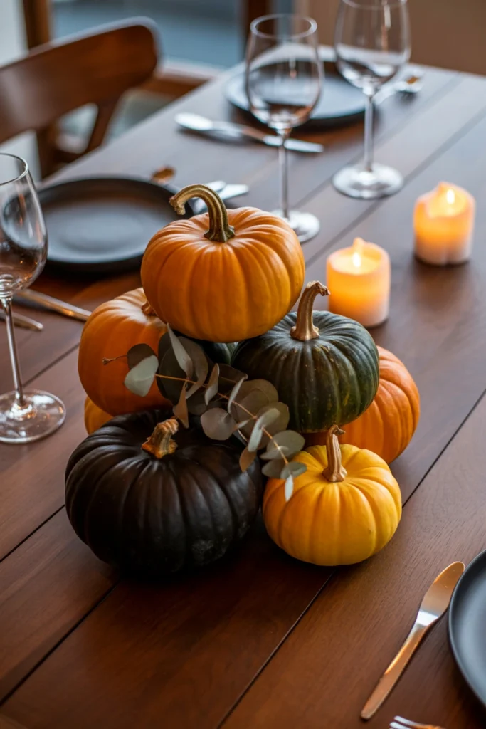 Layered pumpkin centerpiece with mixed heights on a kitchen table