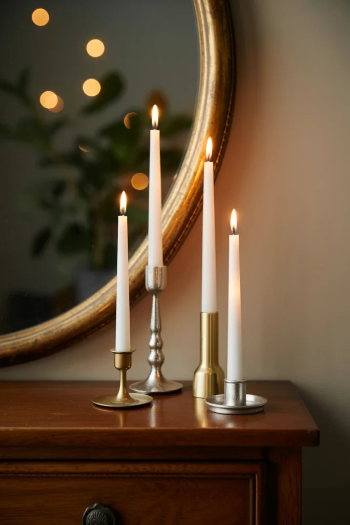 Flameless taper candles grouped on a dresser in brass holders