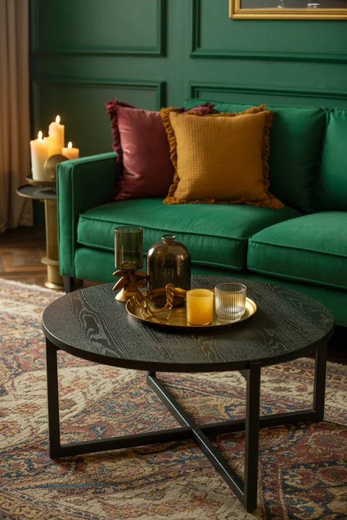 Living room mixing emerald, burgundy, and mustard textiles