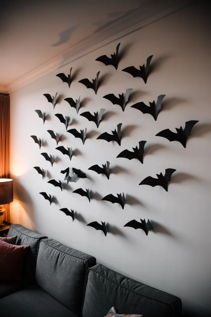 A DIY bat swarm display on a white apartment wall — layered black paper bats at varying heights in a swooping arc formation