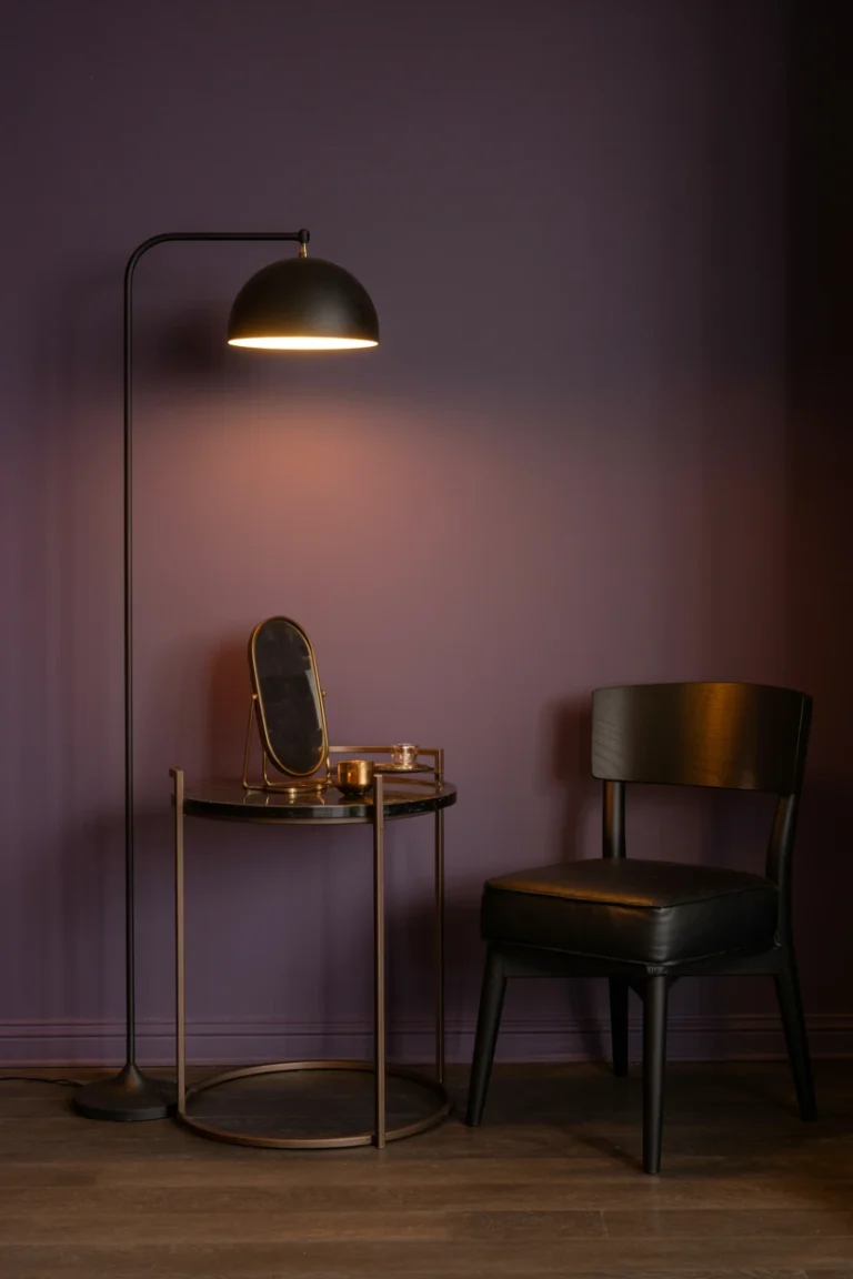 black metal frame details against plum bedroom wall