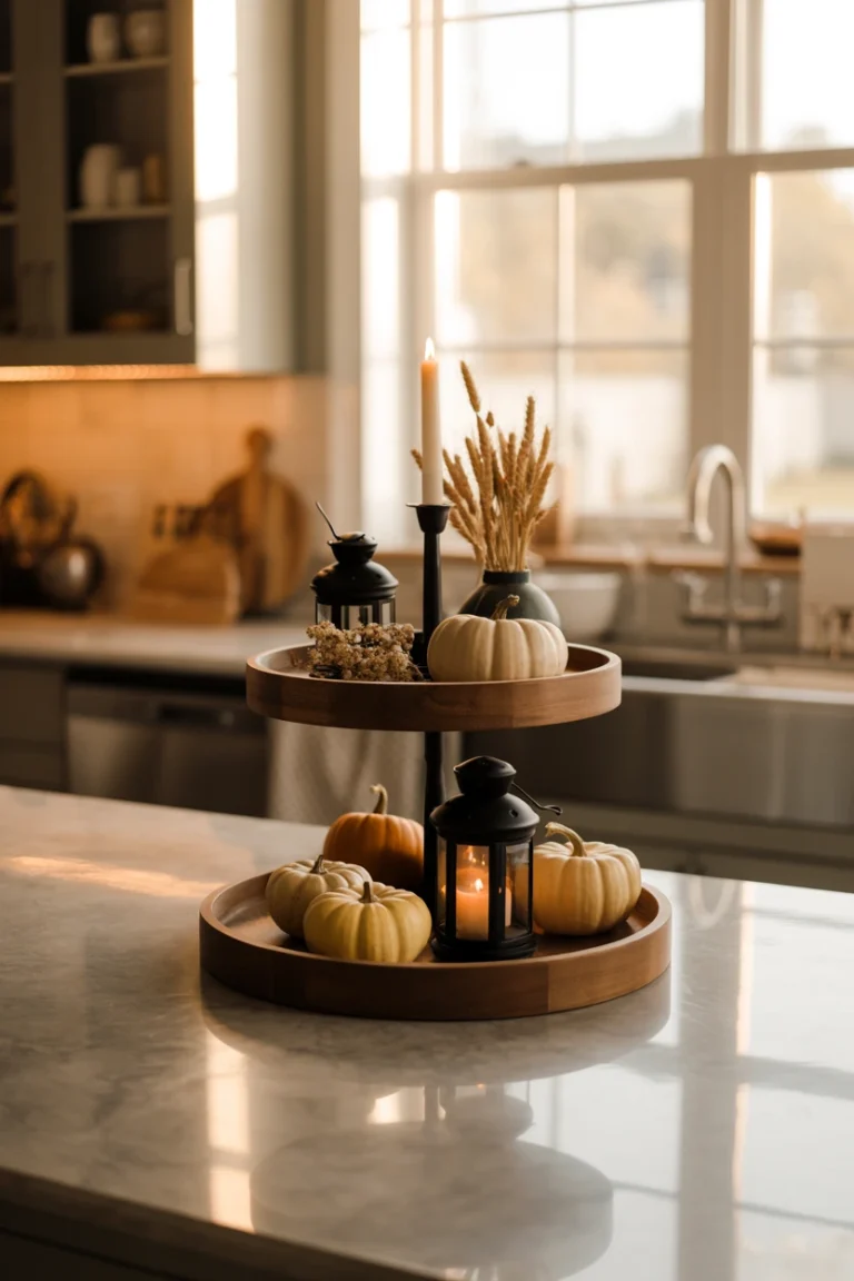 Two-tier wooden tray with Halloween decor on kitchen island