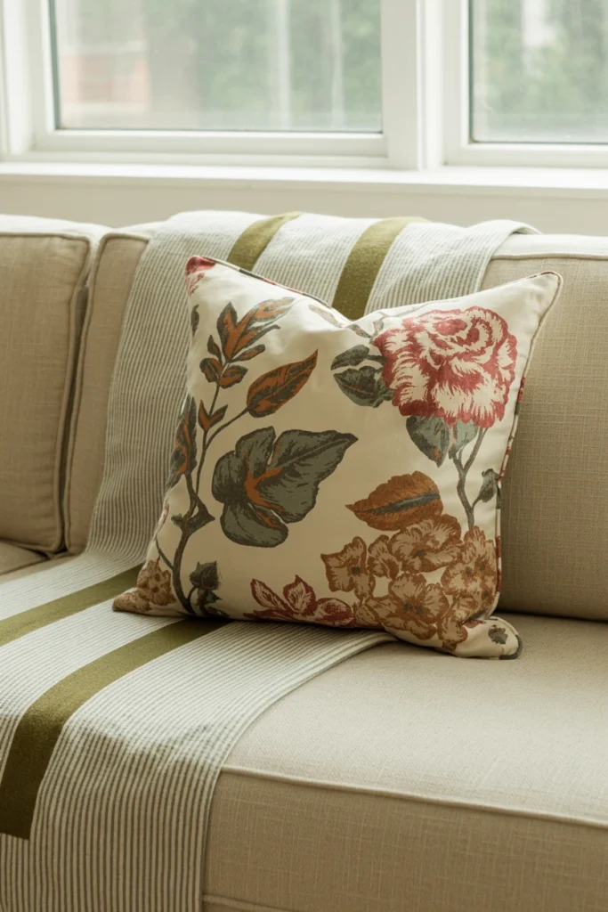 Floral cushion paired with a striped throw on a neutral sofa