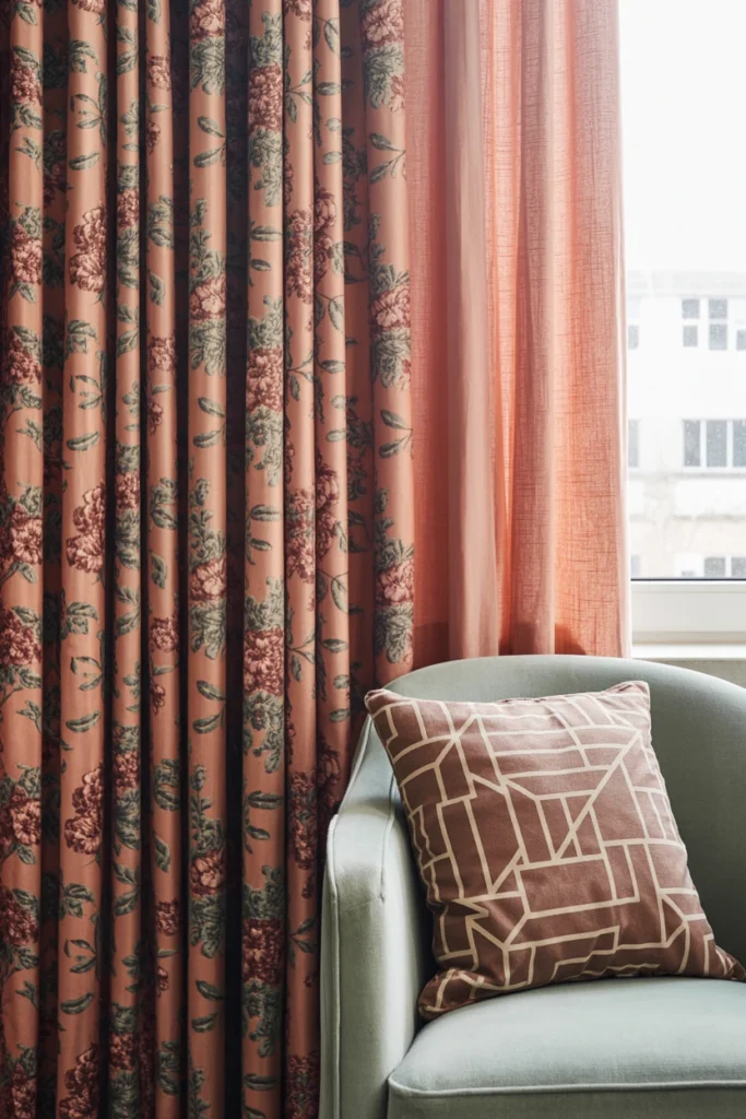 Vintage floral curtains paired with modern geometric throw pillows