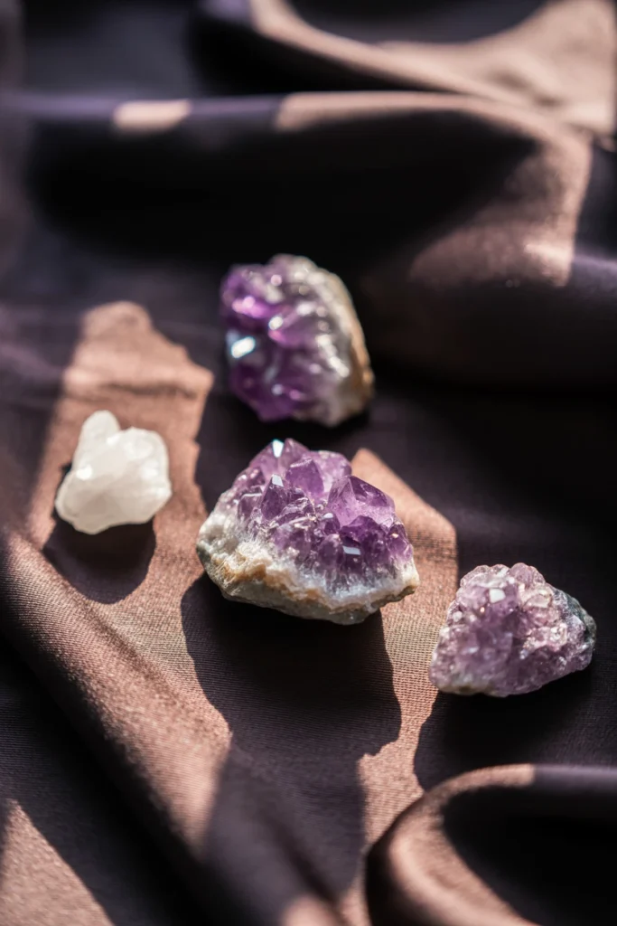 Crystal cluster grouped in odd numbers on an altar shelf