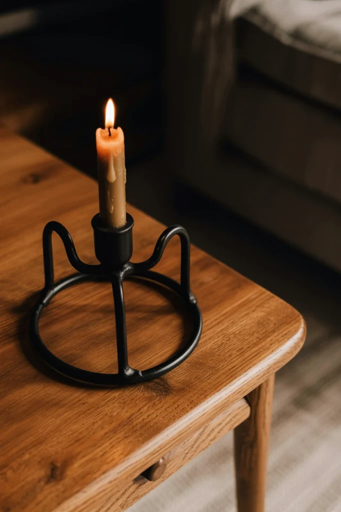  Black iron candlestick on oak wood table