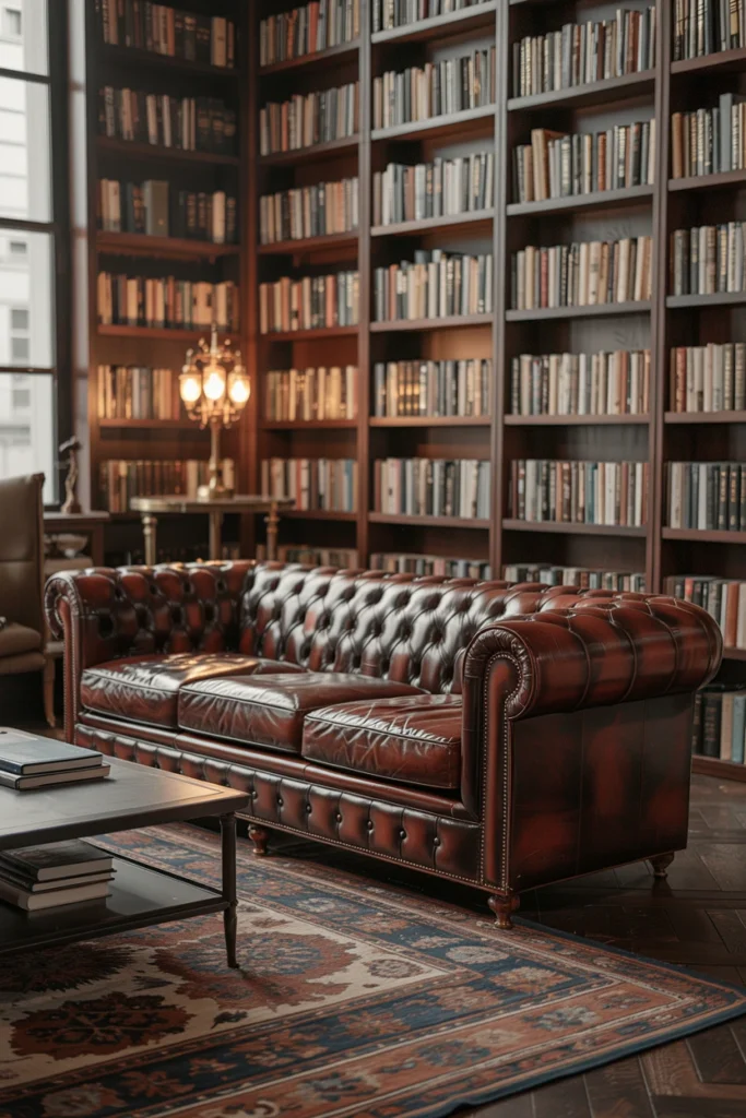 Oxblood leather chesterfield sofa in a book-lined room