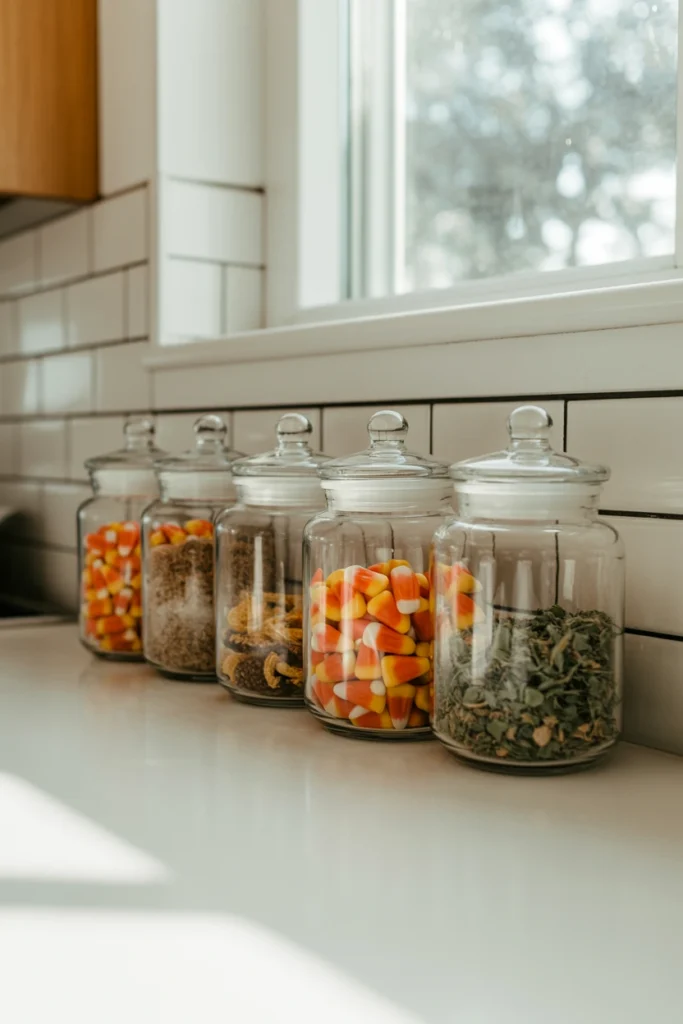 Apothecary jars filled with candy corn along a kitchen backsplash