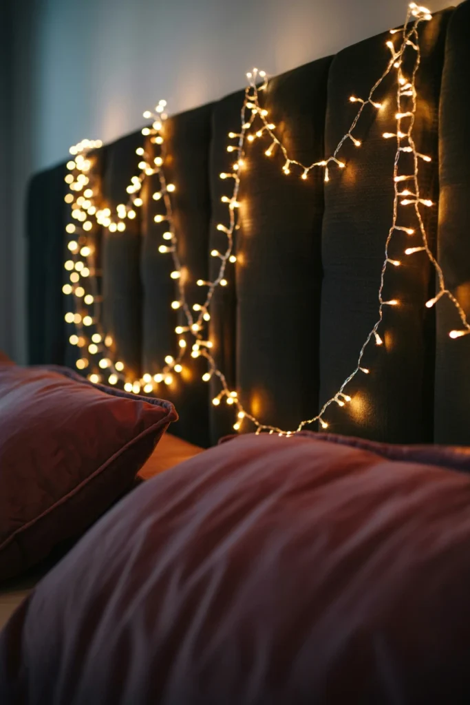 Warm amber string lights draped behind a dark headboard