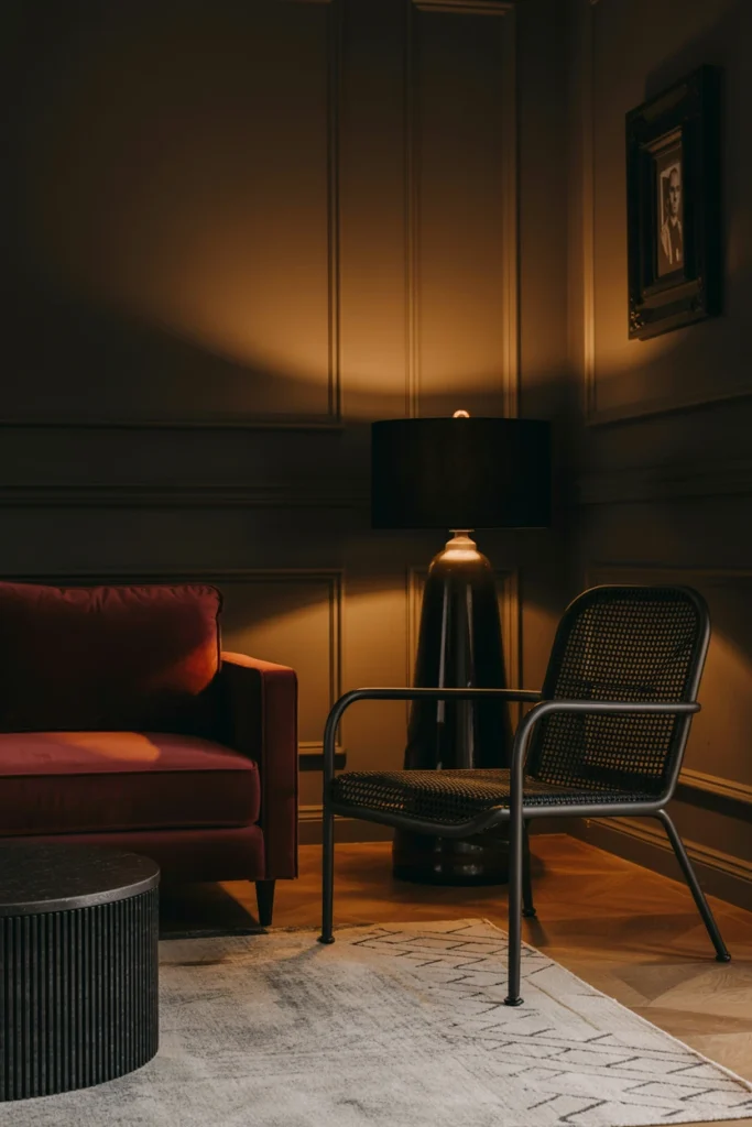 Black metal frame armchair beside a burgundy sofa