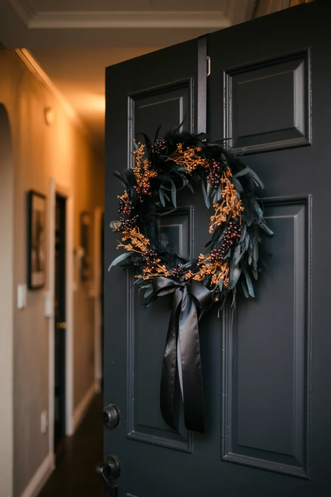 A dark halloween wreath with black feathers, orange berries, and a black ribbon mounted on an apartment door using an over-door hook
