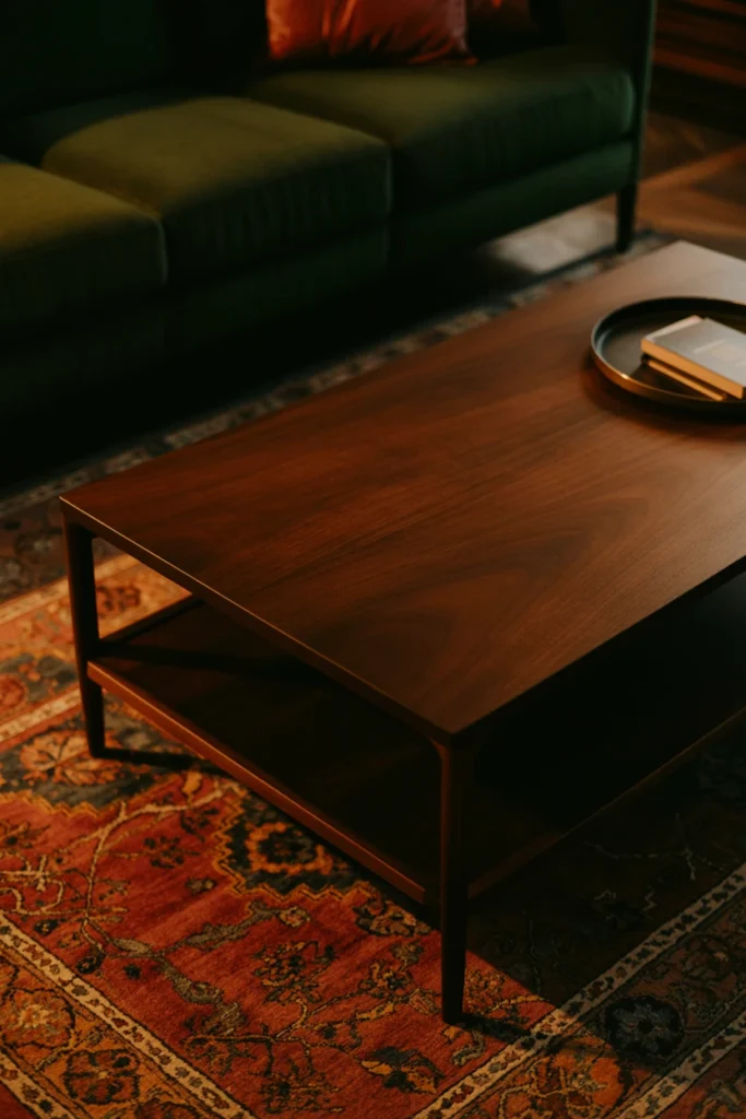 Dark walnut coffee table centered in a moody living room