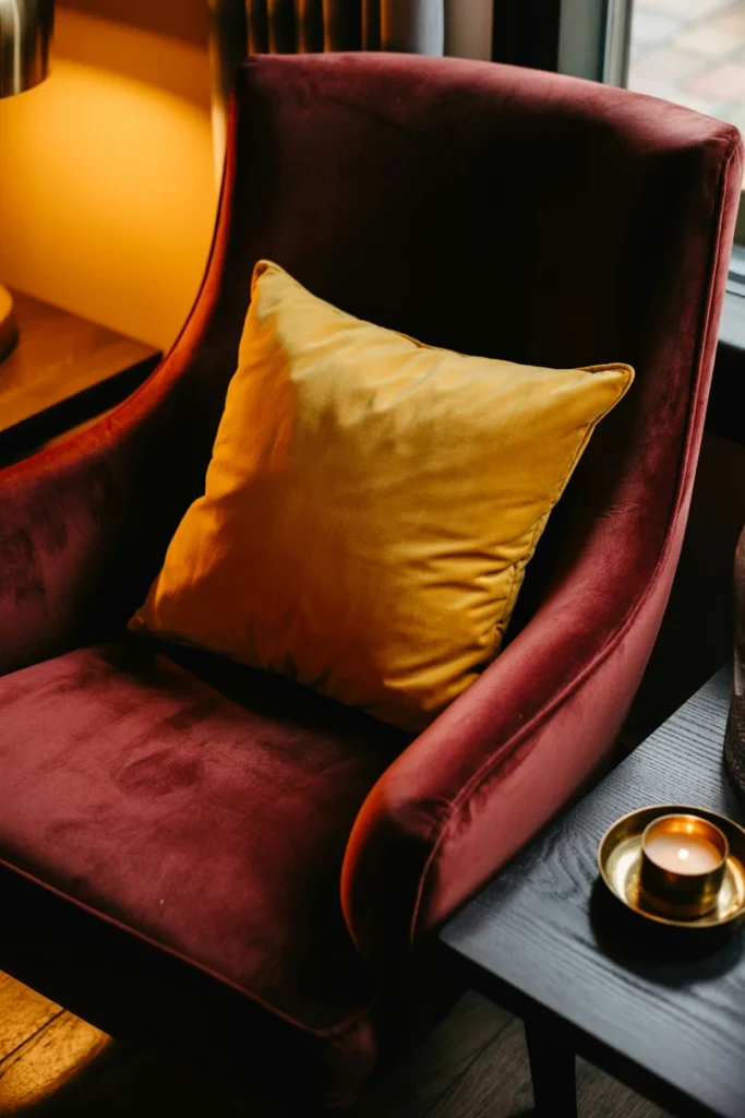 mustard throw pillow on burgundy velvet armchair