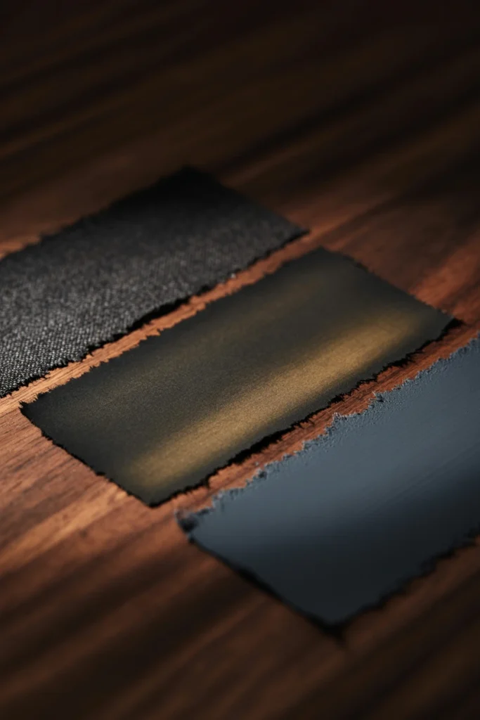 Three shades of black fabric and paint swatches side by side