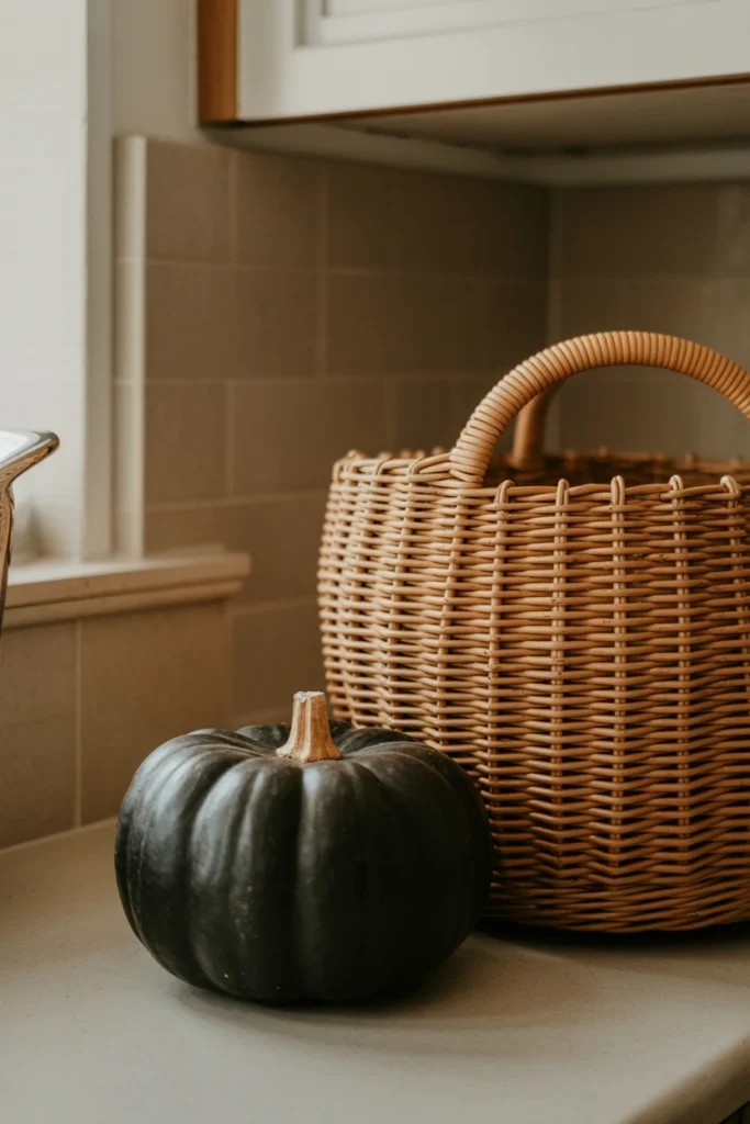 Woven basket and matte ceramic pumpkin texture contrast