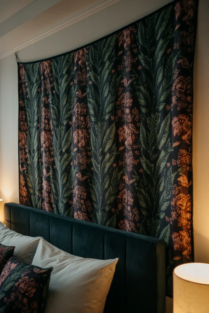 Botanical tapestry hung above a velvet bed headboard