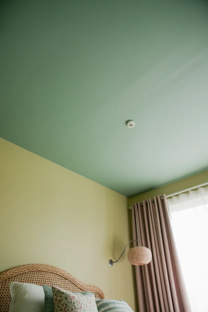 Bedroom with a soft-tinted ceiling matching the wall color