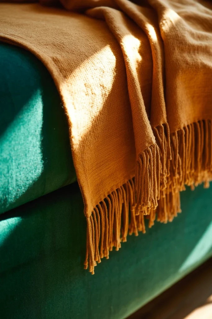 Fringed tasseled throw blanket draped on bed corner